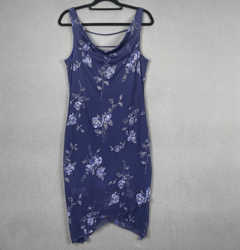 Byer Too! Dress Womens Juniors Large Blue Floral Cowl Neck Asym Slip USA Chiffon